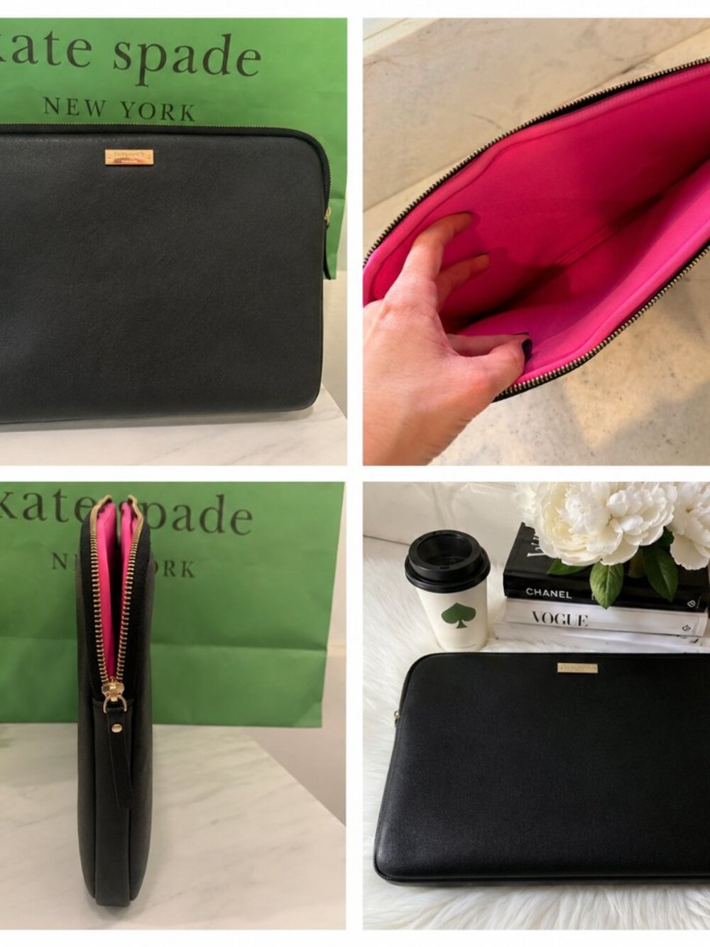 Kate Spade Black Leather Laptop Mac Book Notebook Sleeve Case